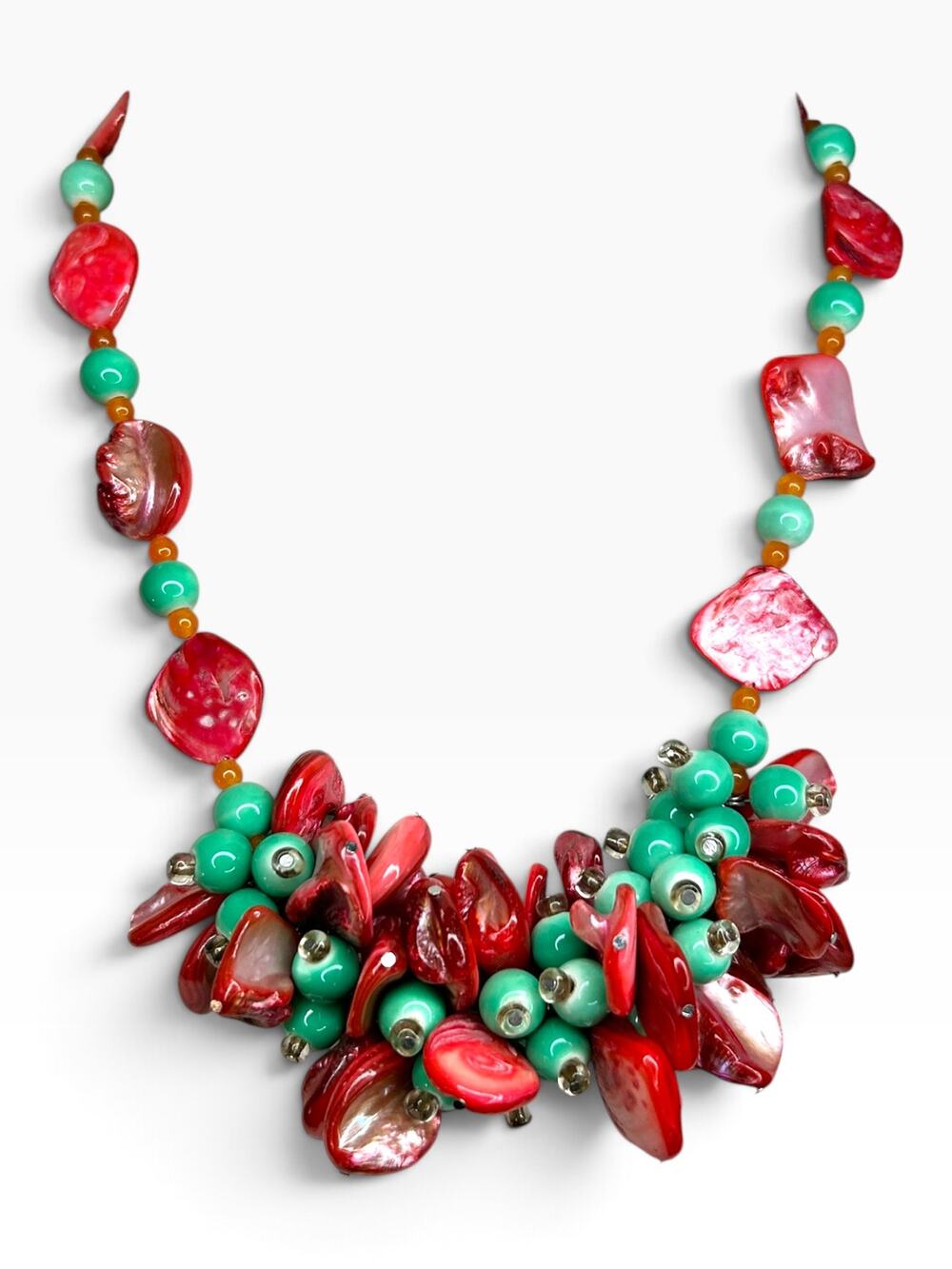Chunky Red Shell and Teal Beaded Statement Clusters Bib Necklace